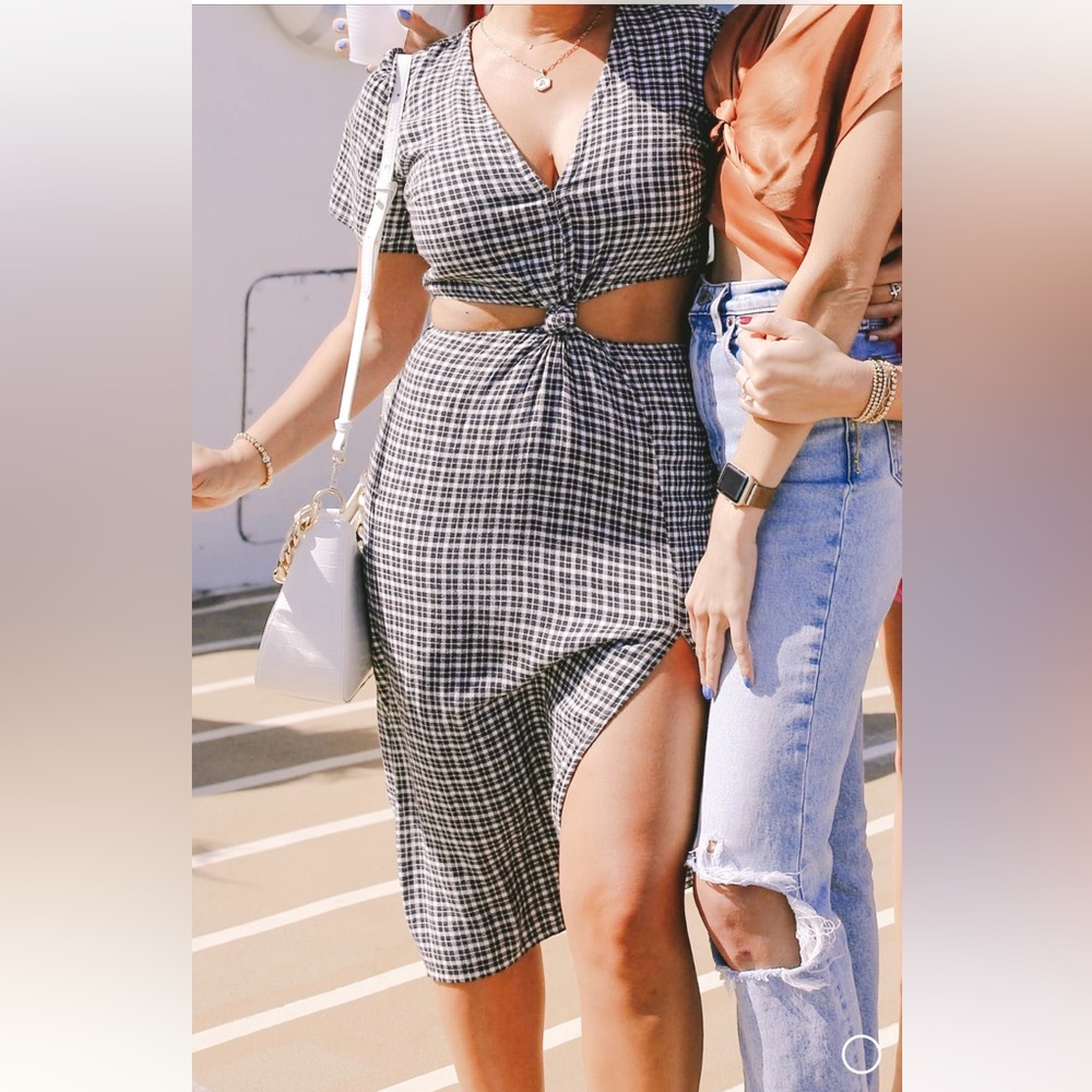 Black and white midi gingham cotton dress with slit A&F